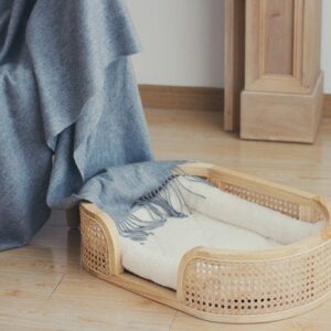 Handmade Modern Solid Wood Dog Bed Cat Bed with Natural Rattan